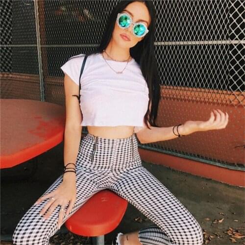 Women High Waist Zip-up Plaid Casual Pants Sweatpants Skinny Striped Trousers casual high waist pants