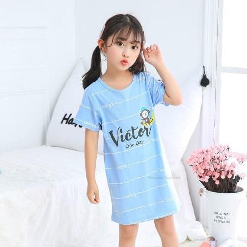 Kids Girls Nightgowns 100% Cotton Bule Nightdress Summer Baby Clothes Sleepwear Big Girl Night Dress Sleepshirt Children Pajamas