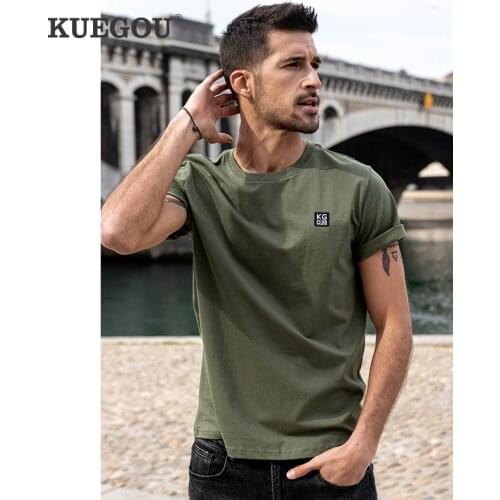KUEGOU 100% Cotton Basic Tee Men T-shirt Short Sleeve Summer Solid Tshirt High Quality Letter Embroidery Top Plus Size ZT-90077