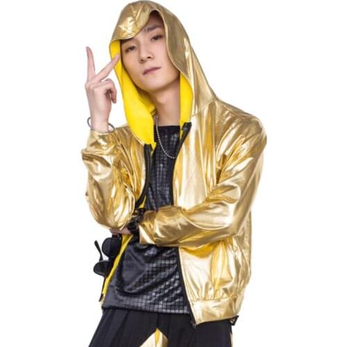 Hip hop Shining group Jazz Street Hooded coat mens stage costumes for singers jacket men clothes dance star style dress gold