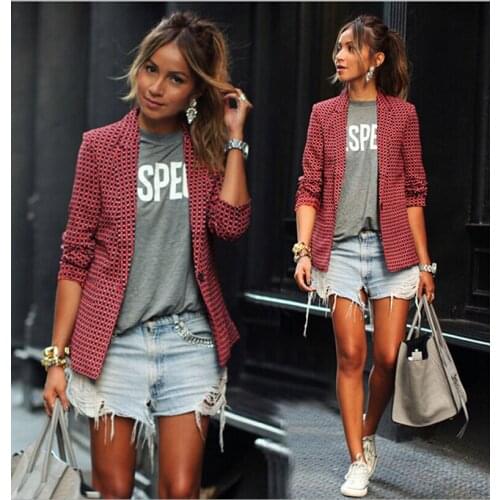 Red plaid lapel small suit jacket Fashion loose casual womens jacket