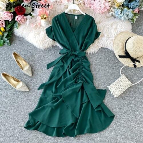 Maxi Dresses for Women French V Neck Dress Irregular Folds Retro Vestido De Mujer Sexy Dress Korean Y2k Clothing Women Fashion