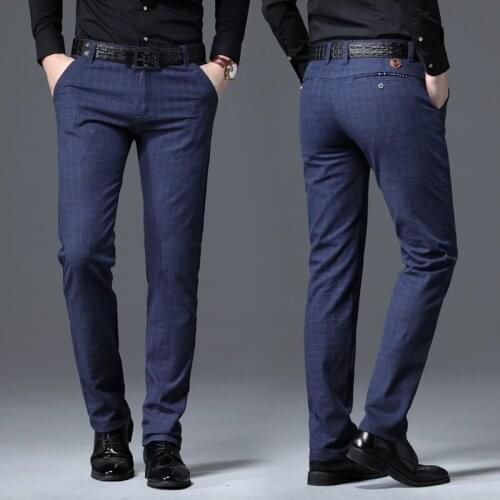 2020 New Mens Casual Plaid Pants Business Casual Slim Fit Black Blue Classic Style Elastic Trousers Male Brand Clothes