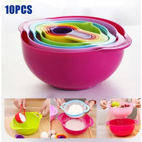 10 Pcs Mixing Bowls Set Kitchen Bowl Set Salad Bowl drain basket Plastic Baking Measuring Cup Measuring Spoon Set Kitchen Gadget