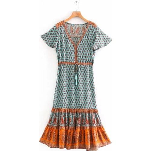 V-neck Positioning Print Single Breasted Fringe Lace Up Short Sleeve Dress SG0018