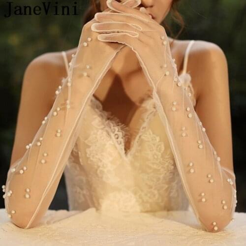 JaneVini guates novia Sexy See Through Long Wedding Gloves with Pearls Sheer Tulle Full Finger Bridal Gloves Women Party Gloves