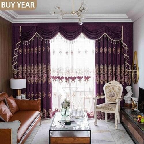 European-style Curtains for Living Dining Room Bedroom Classical Embroidery Chenille Purple Curtains Valance Curtains Tulle