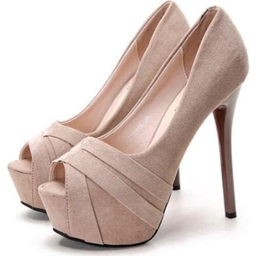 Women Pumps Brand High Heels Black Flock Slip On 14CM Thin High heel Peep Toe waterproof Casual Dress Party Wedding women shoes