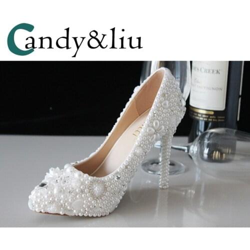 White Pearl Crystal Flowers Wedding Shoes High Heel Pointed Toe Slip-on Handmade Women Pumps for Bridesmaid Party Banquet