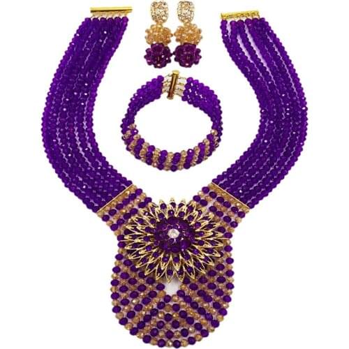 Purple and Gold AB African Beads Jewelry Set Nigerian Wedding Necklace Crystal Beaded Bridal Jewelry Sets 6C-XJZ013