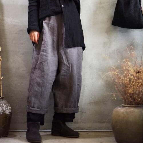 Women Vintage Spring Elastic Waist Wide Leg Flax Pants Ladies Retro Patchwork Plus Size Wide Leg Trousers Linen Pants 2021