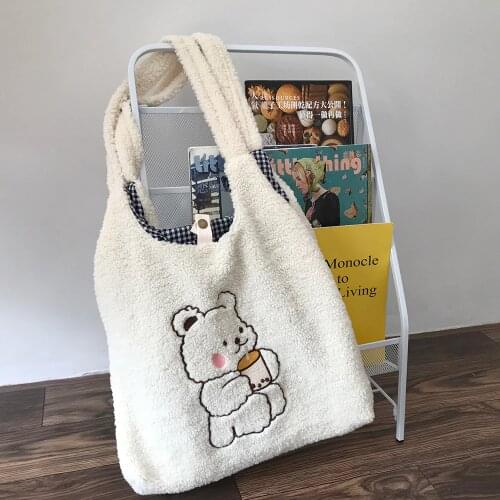 Women Canvas Shoulder Bag Warm Plush Cloth Fabric Handbag Soft Cotton Tote Large Capacity Embroidery Bear Book Bags For Ladies