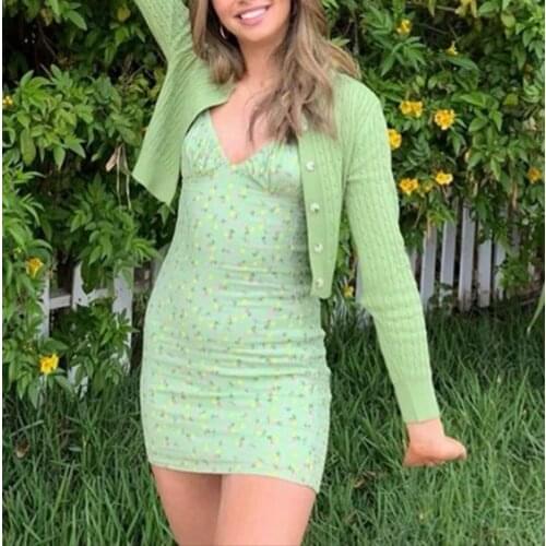 Woman Floral Mini Dresses Sexy Vintage Deep V Neck Spaghetti Strap Sleeveless Bow Tie Slim Cotton Beach Party Female Vestidos