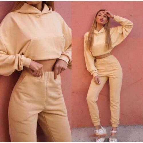 Womens Suit Cropped Hoodies And Pants Sportswear Autumn Winter Two Piece Sets Sport Suit Solid Casual Sports Suit Women