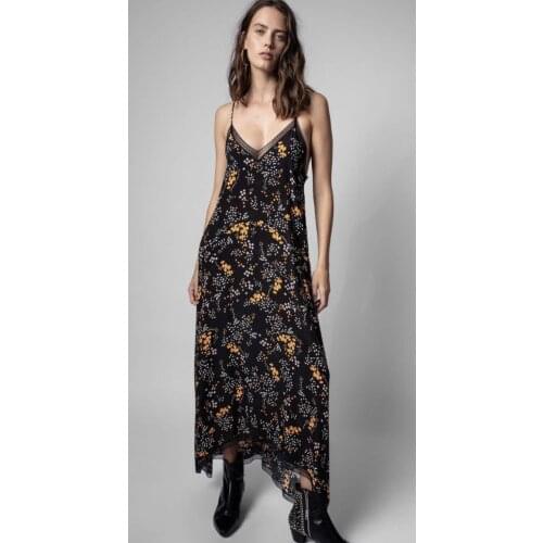 2021 Colorful print Jacquard Asymmetric Dress V-neck Embroidery Lace Trim Sleeveless Strappy Long dress Woman