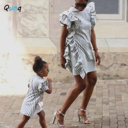 Qunq Striped Mommy and Me Dress Ruffle Slim O-neck Family Matching Outfits 2021 New Casual Mother Daughter Costume
