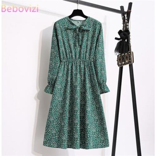 Office Polka High Elastic Waist Dress Women Vintage Autumn Winter Dresses Chiffon Midi Casual Floral Long Sleeve Ladies Vestidos