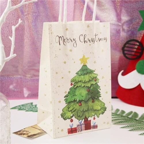 10Pcs christams kawaii gift paper bags christmas tree pattern new year gift bag with handle favors gift packaging party supply