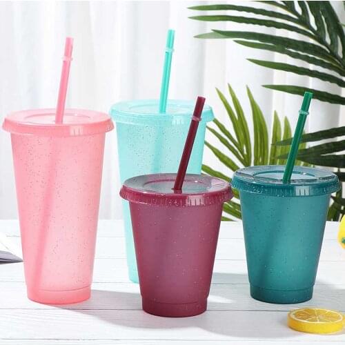 480/720ML Reusable Straw Cup Sequined Glitter Cup Coffee Juice Straw Mug Simple Cute Plastic Bottom Outdoor Powder Shiny Cup