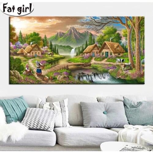 Cottage river mountain landscape large diamond painting 5d diy square round drill mosaic embroidery sale Waterfall cow pattern