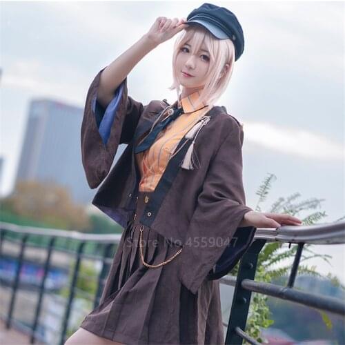 Anime FGO Fate Grand Order Okita Souji Moon Halloween Cosplay Costumes Girls Kawaii Shirt Skirt Brown Set Vintage Detective Suit
