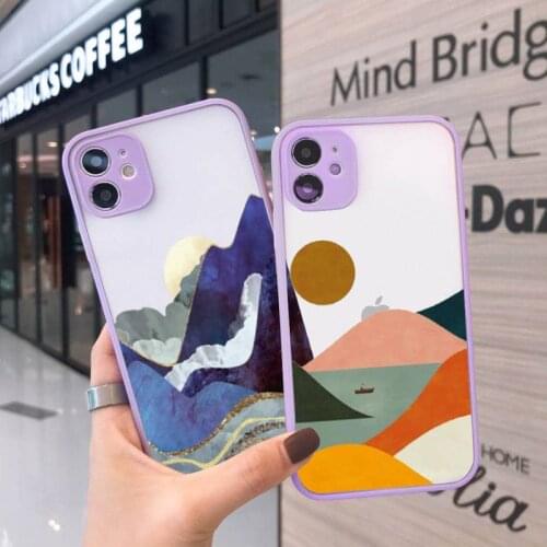 Mountain Marble Moon Phone Case For iPhone 12 11 Mini Pro XR XS Max 7 8 Plus X Matte transparent Purple Back Cover