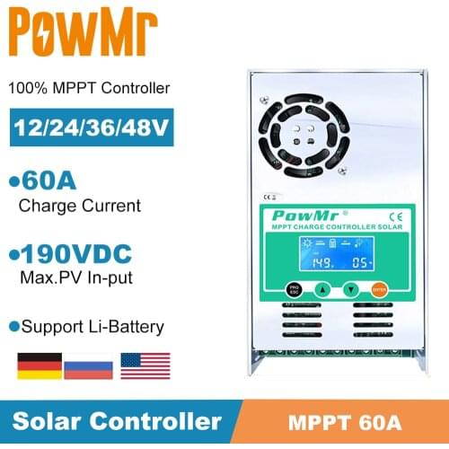 PowMr MPPT 60A LCD Display Solar Charge Controller 12V 24V 36V 48V Auto Solar Panel Battery Charge Regulator for Max190VDC Input