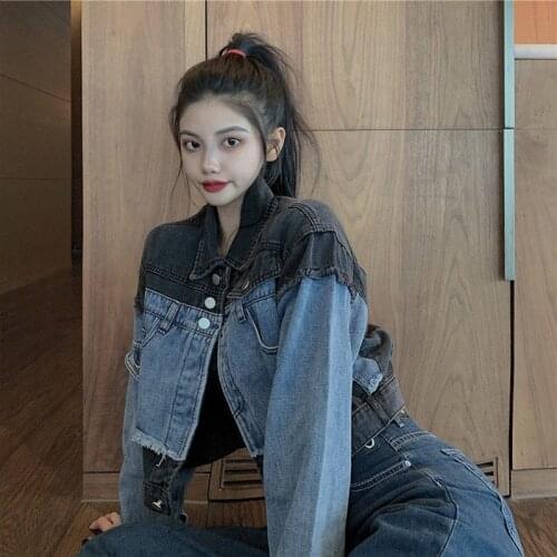 Retro Hong Kong Style Short Stitching Denim Jacket 2021 New Female Spring Autumn Korean Loose Wild Street Short Jackets Top e159