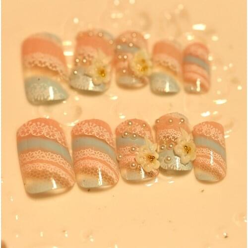 Pricesss dream pink blue lace with flower 3D fake nails Japanese cute pure color false nails with glue full nail tips Bride