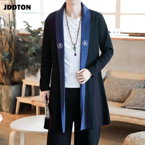 JDDTON Summer Mens Kimono Fashion Spliced Jackets Solid Thin Outerwear Coats Loose Casual Male Long Sleeve Retro Overcoat JE118