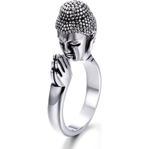 High Quality Alloy Metal Unisex Peace Buddha Sakyamuni Buddhism Head Ring For Peace Pray For Lucky Ring Adjustable Ring Men