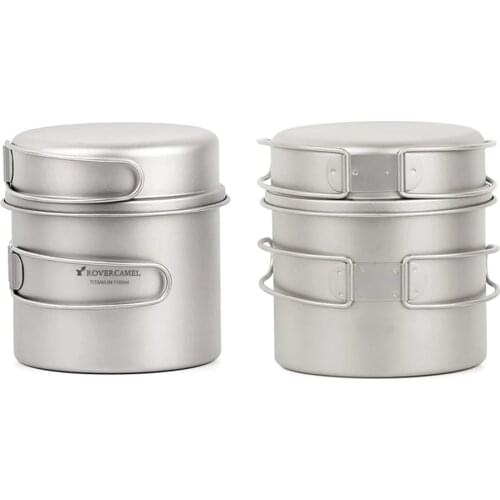 2019 Ultralight Titanium Camping Cookware Set Outdoor Tourism Cookset 1100ml Pot and 350ml Fry Pan with Folding Handles