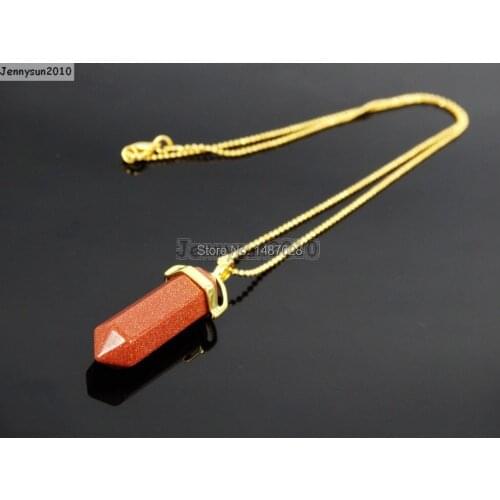Natural Gold Sand Gems Stones Hexagonal Pointed Healing Reiki Chakra Pendant Beads Gold17'' Chain Necklace 5 Sets/Pack