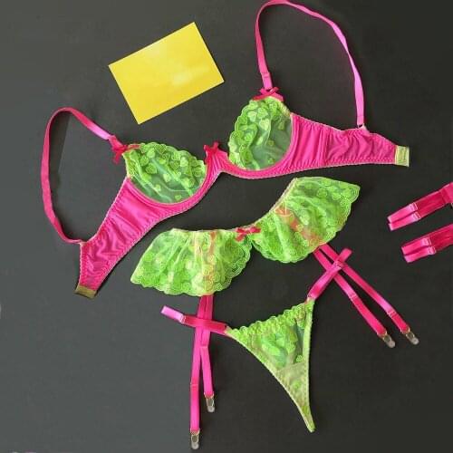 New womens sexy fluorescent lace embroidered garter underwear set steel ring gathered bra mesh perspective thong lingerie set