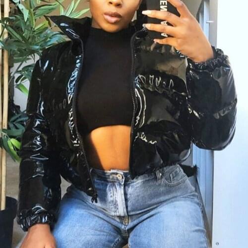 PU Warm Parka Coat Women Casual Fashion Long Sleeve Winter Cropped Bright Shiny Silver Bubble Coat Puffer Jacket Outwears Sexy