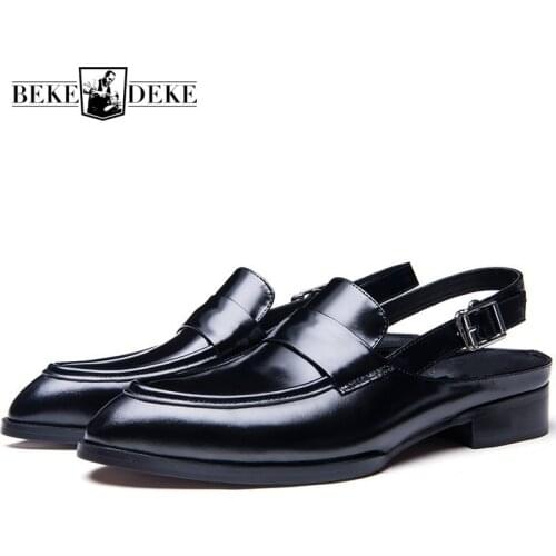 Summer 2020 Closed Toe Sandals Men Brand Pointed Toe Genuine Leather Dress Shoes Designer Breathable British Buckle Sandals