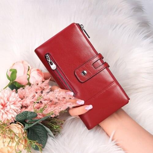 Slim Womens Cowskin Wallet Long Genuine Leather RFID Block Female Wallets Cards Case Coin Pocket Purse Luxury Brand Design