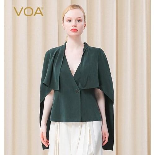 VOA Silk Woman Jacket WE90 V-neck Sleeveless Shawl One Button Office Lady Dark Green Slim Original Business Fashion Coat WE90