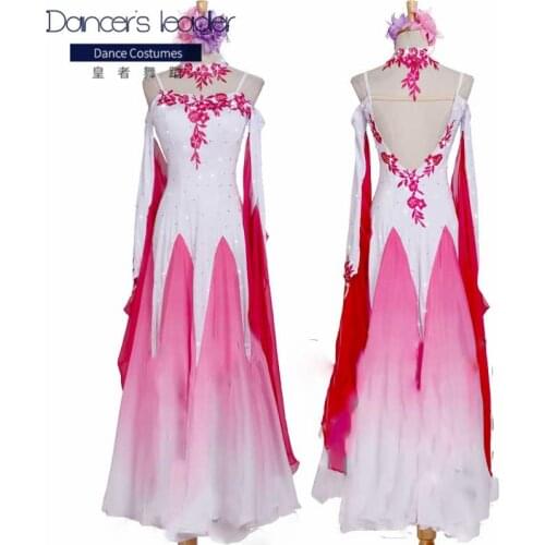 High-end Custom Modern Dance Performance Costume Pink Gradient Color Sling Strapless Embroidered Ballroom Competition Costume
