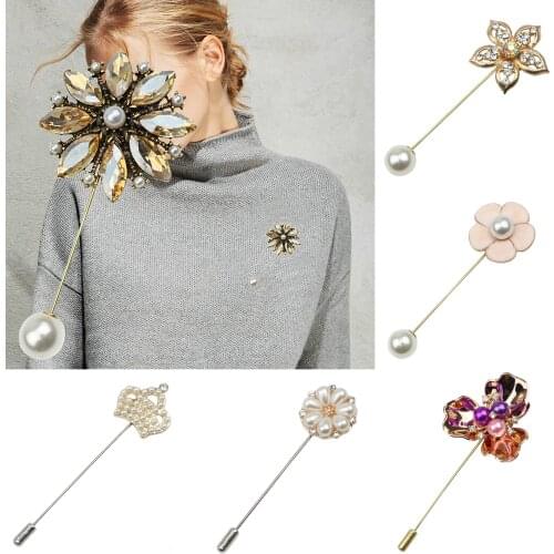Womens Vintage Gold Color Plated Flower Brooches Pearl Brooch Pins Wedding Rhinestone Clothing Sweater Coat Jewelry Accessories