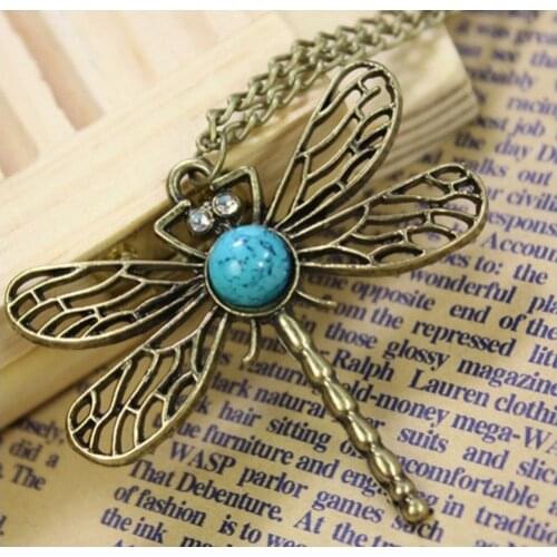 Women Fashion Vintage Dragonfly Blue Gem Stone Bead Long Chain Pendant Necklace Crystal Sweater Jewelry Retro Accessories Gift