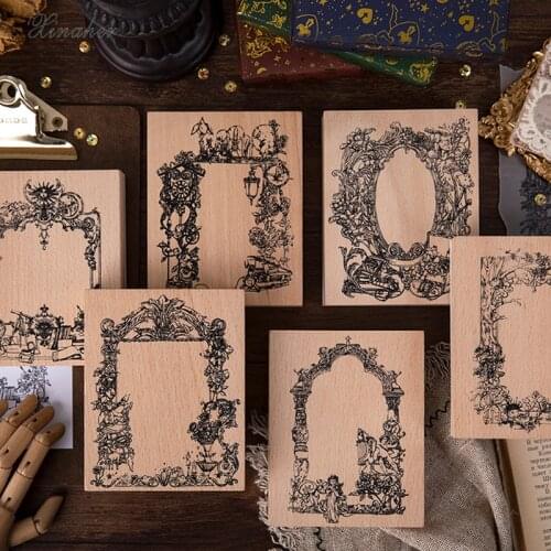 6 Designs Vintage flower frame label stamp DIY wooden rubber stamps for scrapbooking stationery scrapbooking standard stamp