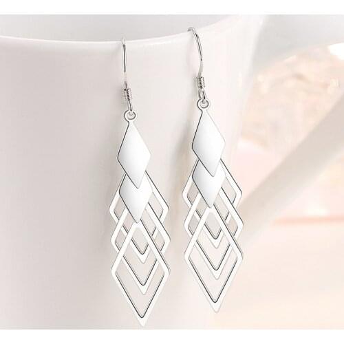 New Fashion Silver Color Stackable Hollow-out Rhombus Mosaic Cubic Zircon Earrings for Women Long Tassel Jewelry Gift