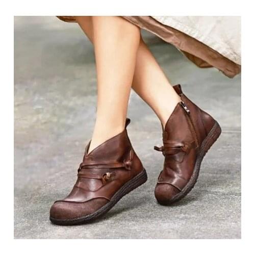 2020 Women Lace Up Vintage Ankle Boots Ladies Fashion Autumn Boots Womens PU Leather Zip Woman Platform Casual Female Shoes