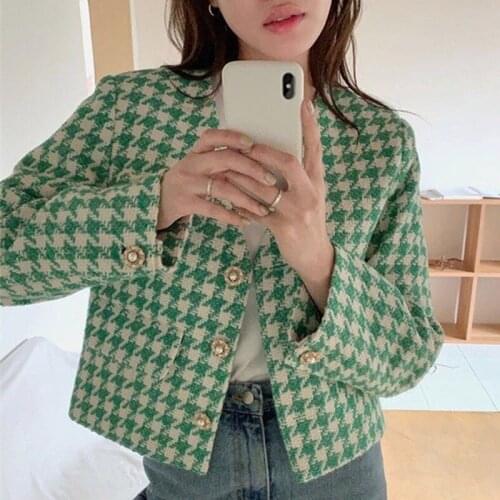 New Women Houndstooth Plaid Short Coat Spring Autumn V Neck Pearl Button Fly Crop Blazer Woman Streetwear Short Blazer Jacket