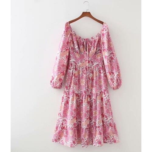 New Women Vintage Paisley Printed Dress Drawstring Neckline Long Puff Sleeves Smocked Elastic Bust Midi Dresses Woman Robe