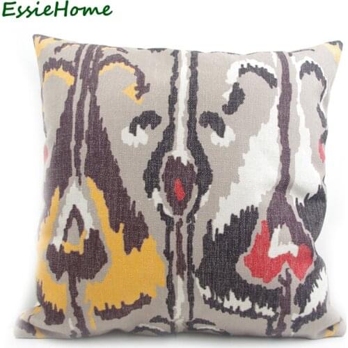 ESSIE HOME High-End Hand Print Light Beige Brown Ikat Pattern Pillow Case Cushion Cover For Sofa Vintage Look Home Decoration Th