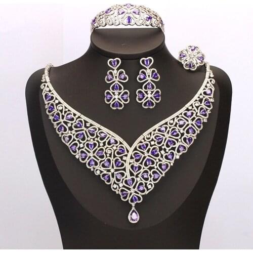 Green Blue yellow Red Main Stone Cubic Zirconia Necklace Earrings Bracelet And Ring Luxury 4PCS Dubai Wedding Bridal Jewelry Set