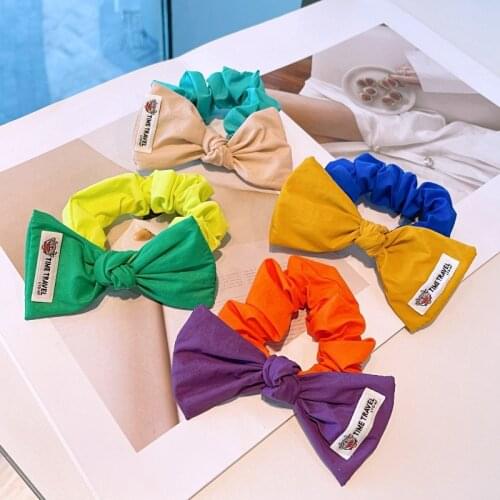 Korean Fluorescent Color Big Bowknot Scrunchies Pitchwork Elastic Hair Bands Rubber Rope for Young Girl Women Hair Accessories