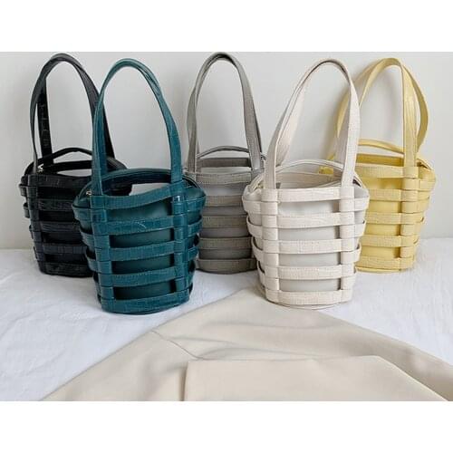 Fashion Hollow Woven PU Leather Shoulder Bags For Women Solid Color Shopping Tote Bag Casual Ladies Top-handle Bucket Handbags